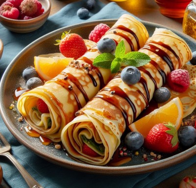 Crepes servidos en la mesa con fresas, caramelo y arándanos